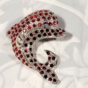 Large Dolphin brooch silvertone with red crystals rhinestones